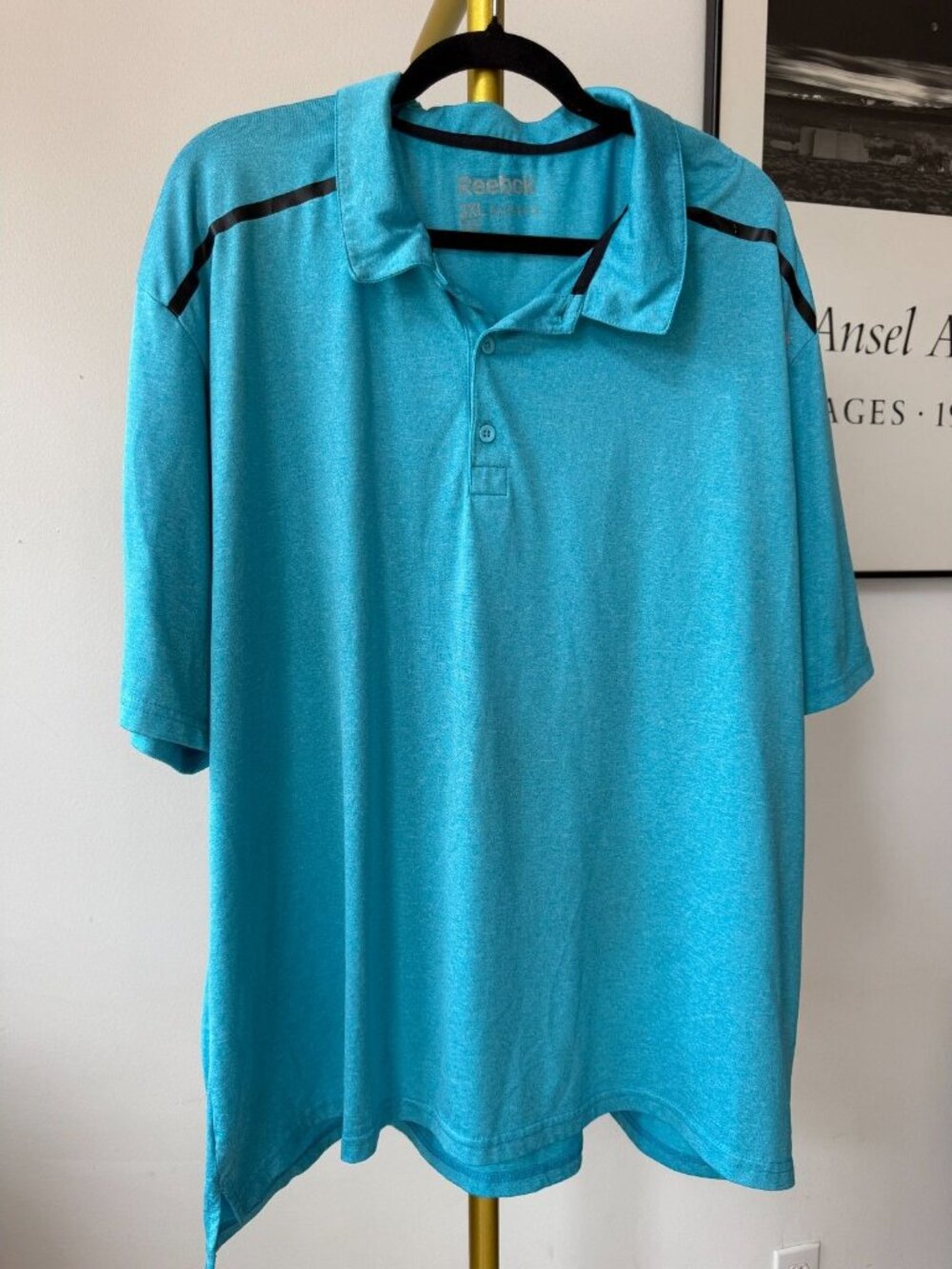Reebok Mens 2XL Turquoise Golf Polo Shirt Athletic Performance Striped